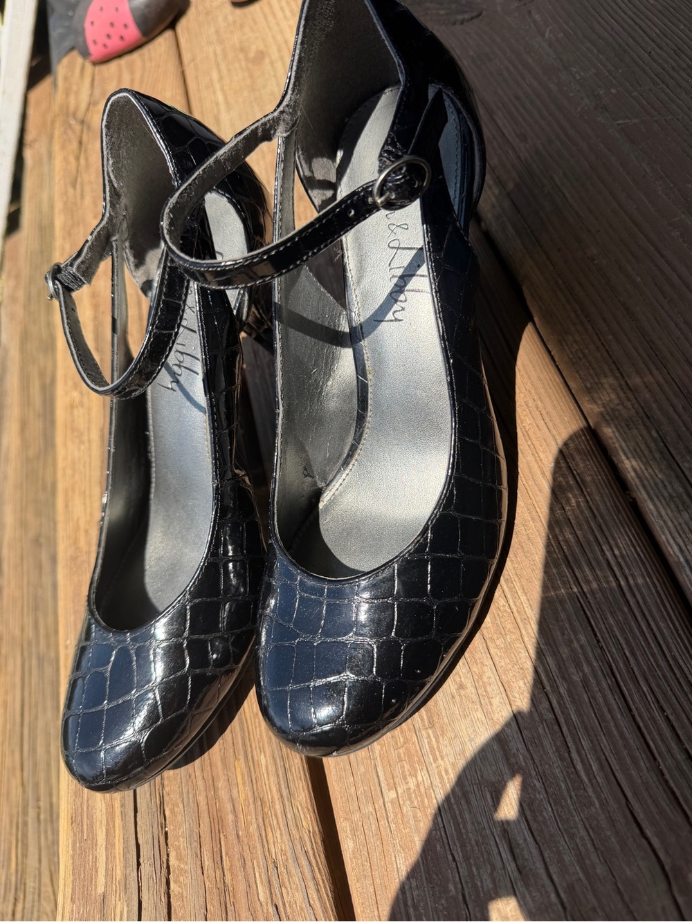 Sam & Libby Black Croc Embossed Mary Jane Pumps Womens 8M Block Heel Shoes